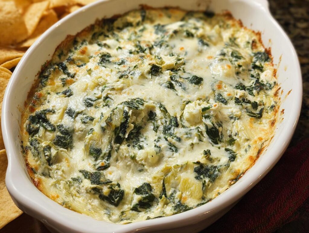 Close-up of hot, cheesy Baked Spinach Artichoke Dip bubbling in a white oval baking dish, served with tortilla chips.
