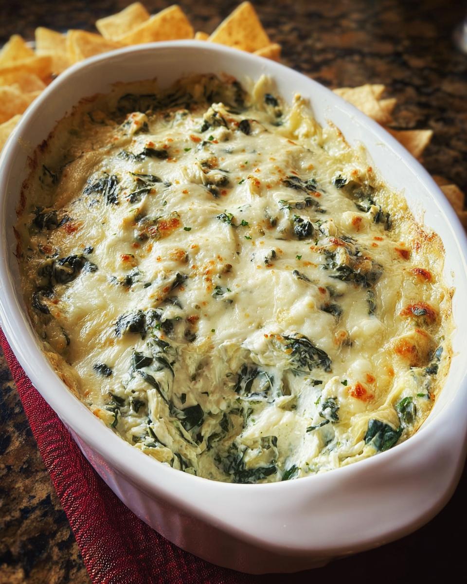 Close-up of hot Baked Spinach Artichoke Dip bubbling with melted cheese, served in a white oval dish with tortilla chips.