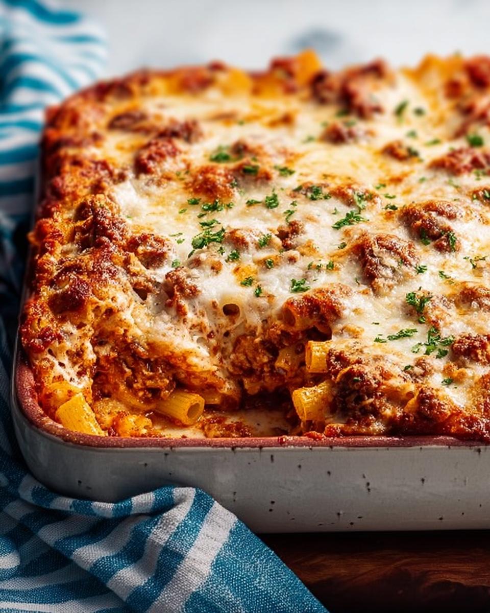 A close-up of bubbling, cheesy Baked Ziti with Ground Beef in a ceramic dish, garnished with parsley.