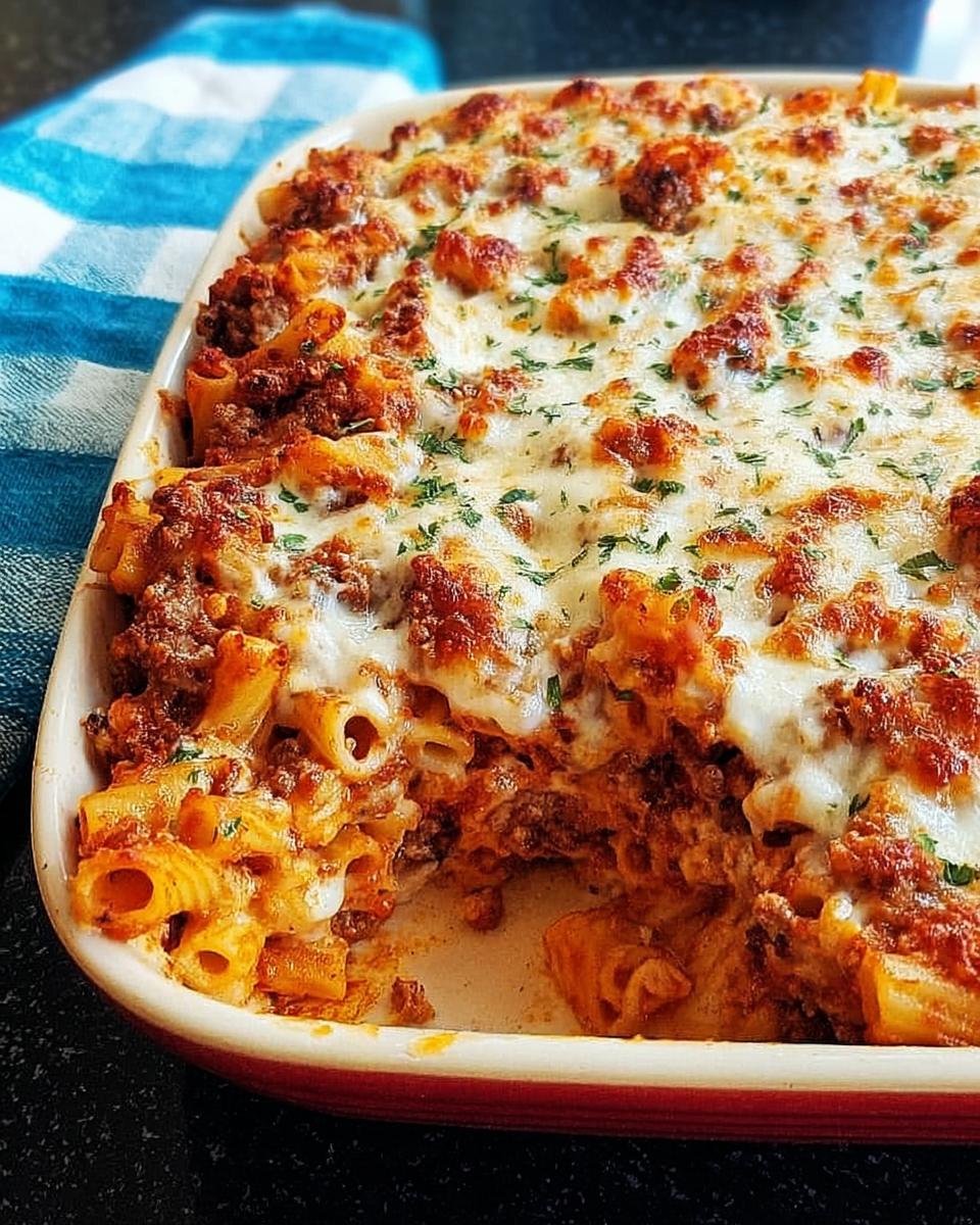 Close-up of a freshly baked Baked Ziti with Ground Beef, topped with melted mozzarella and parsley.
