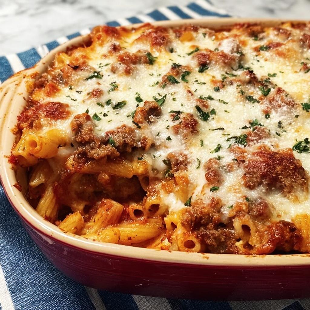 Close-up of a bubbling Baked Ziti with Ground Beef topped with melted mozzarella and parsley in a red baking dish.