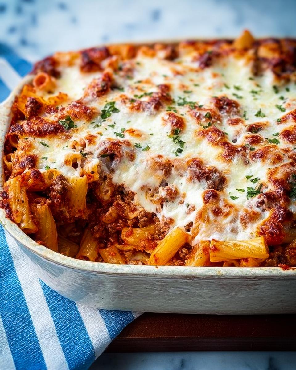 Close-up of a bubbly, cheesy Baked Ziti with Ground Beef topped with melted mozzarella and parsley.