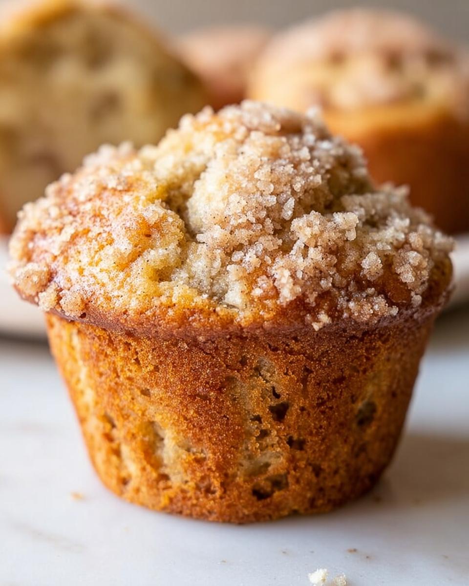 Close-up of a moist Bakery Style Banana Muffins topped with a thick layer of cinnamon sugar streusel.