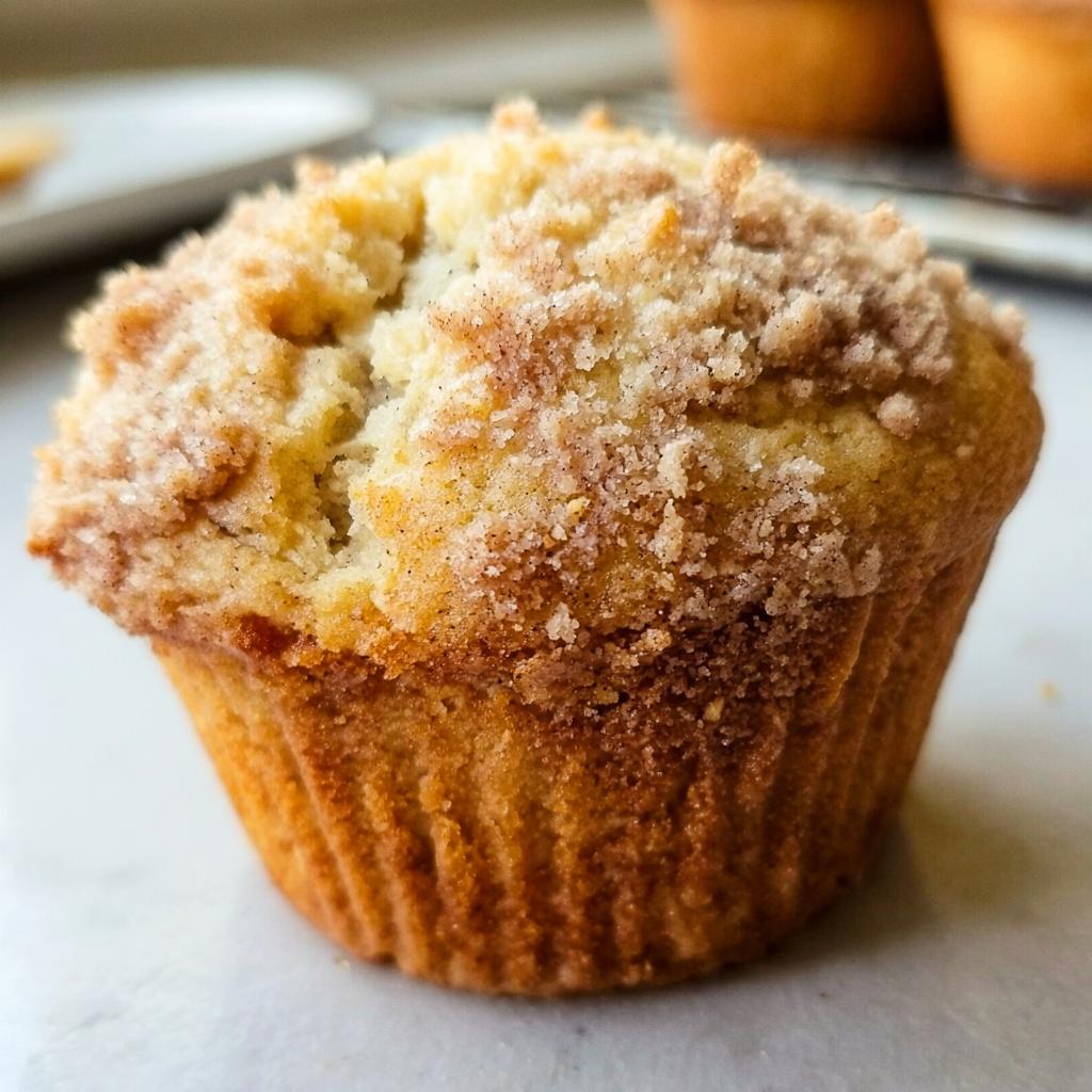 Close-up of a perfectly baked Bakery Style Banana Muffins topped with cinnamon streusel.