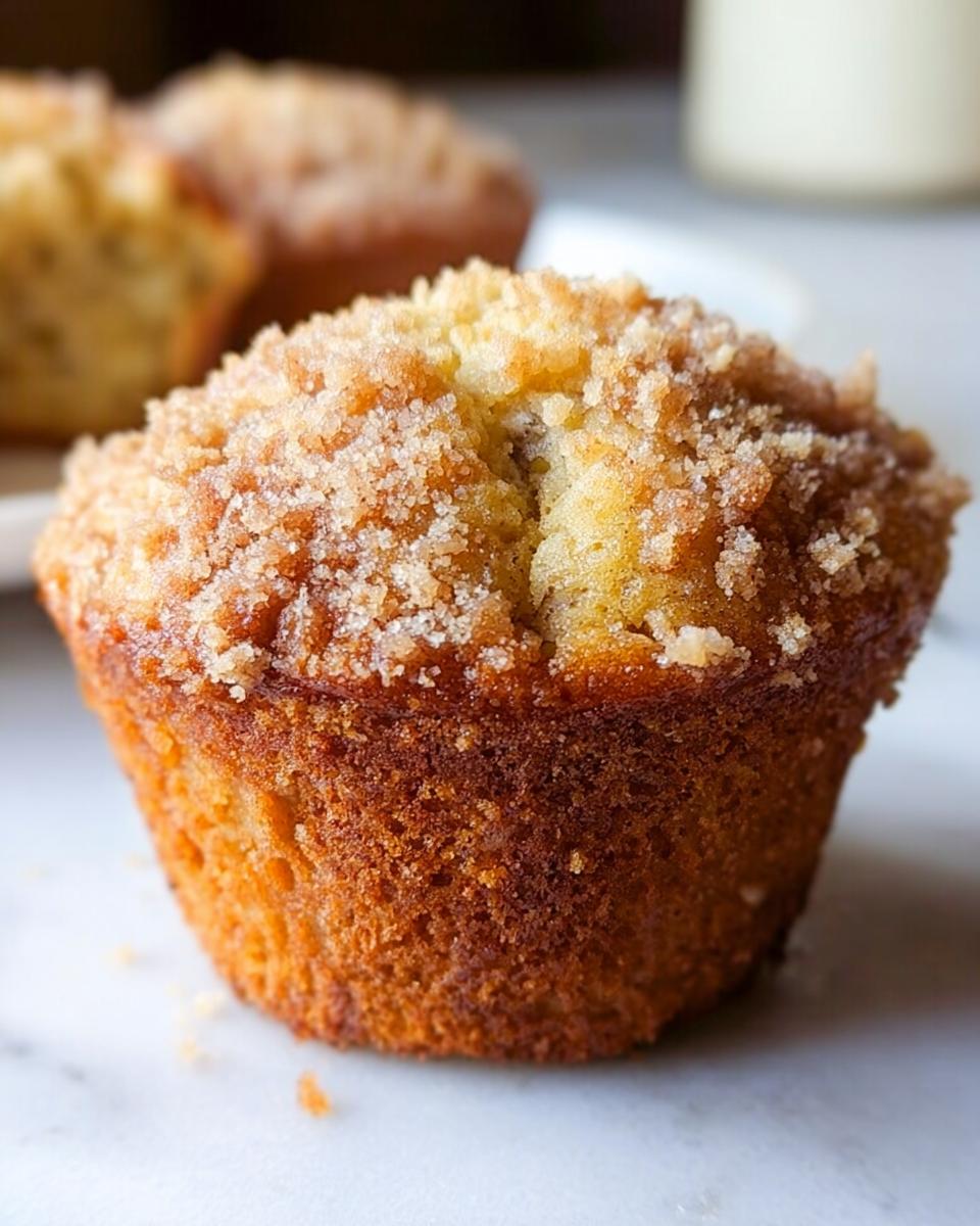 Close-up of a single, golden-brown Bakery Style Banana Muffins topped generously with sugary streusel topping.
