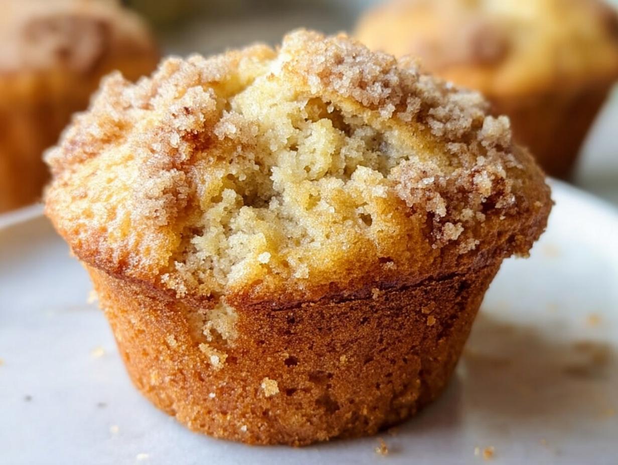 A close-up shot of a freshly baked Bakery Style Banana Muffins featuring a golden-brown crust and a generous cinnamon sugar streusel topping.