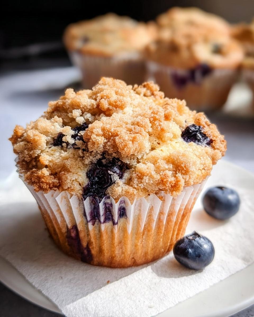 Close-up of a delicious Blueberry Muffin Like a Bakery, featuring a golden streusel top and fresh blueberries.