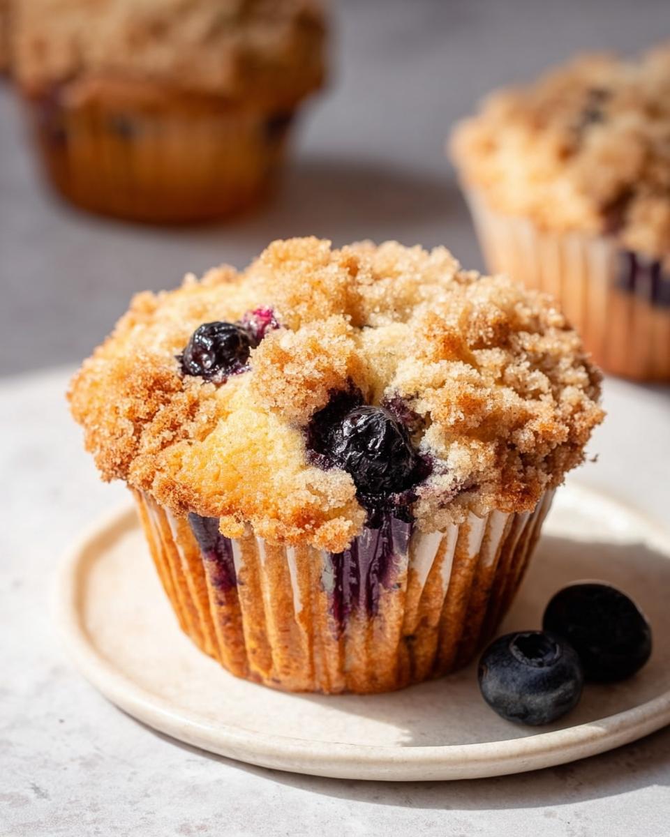 Close-up of a delicious Blueberry Muffin Like a Bakery, featuring a golden streusel top and fresh blueberries.