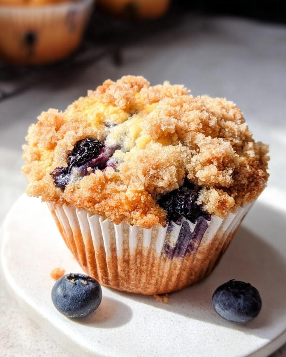 A close-up of a perfect Blueberry Muffins Like a Bakery with a golden crumb topping and fresh blueberries.