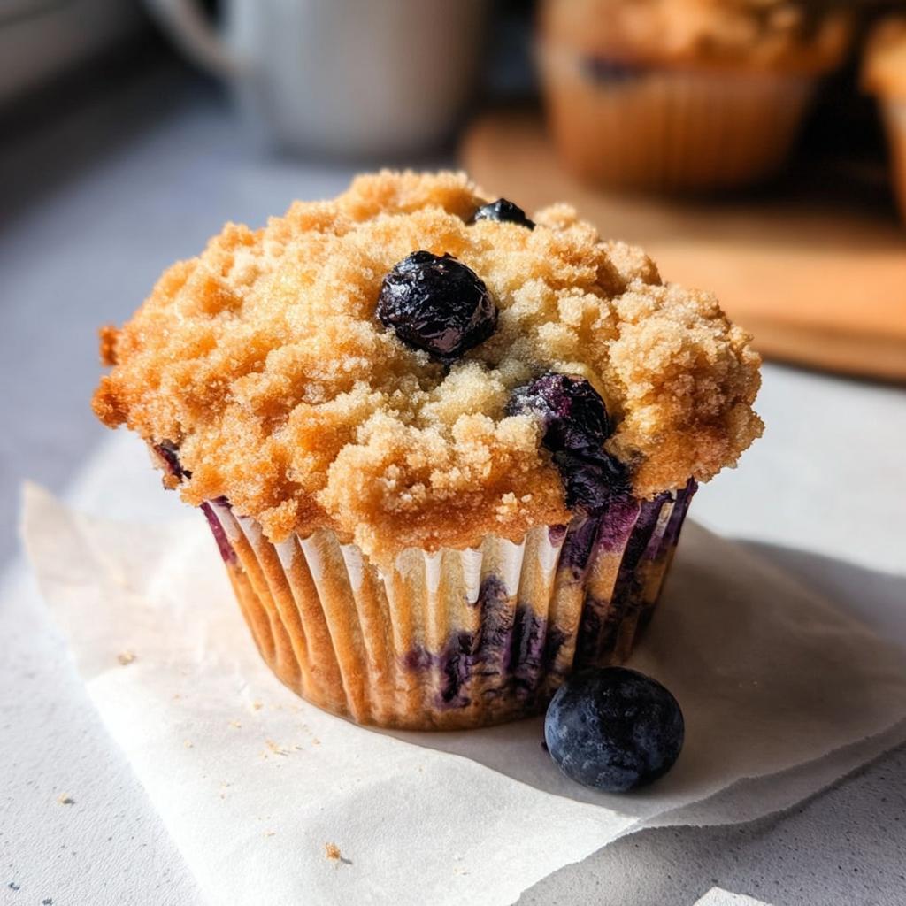 A close-up of one perfect Blueberry Muffins Like a Bakery, featuring a golden crumb topping and fresh blueberries.