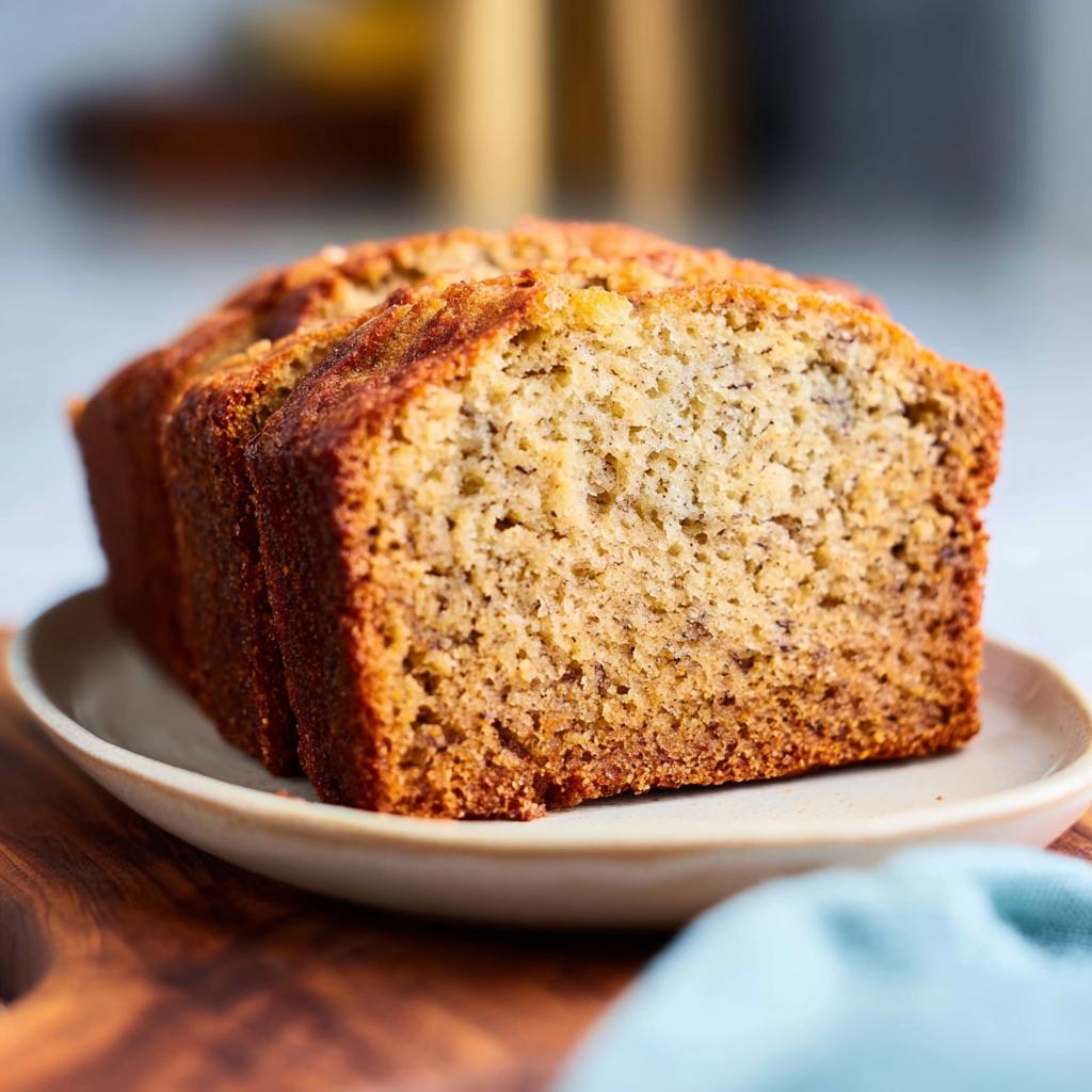 Close-up of a sliced loaf of moist banana bread, perfect for a quick weeknight treat.