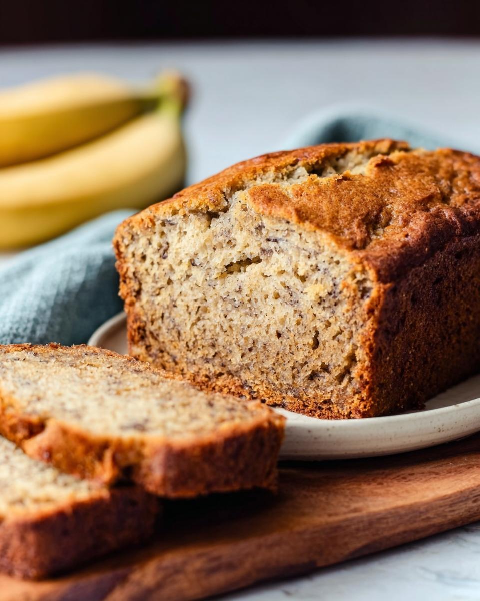 A loaf of delicious banana bread, sliced, on a plate with bananas in the background.