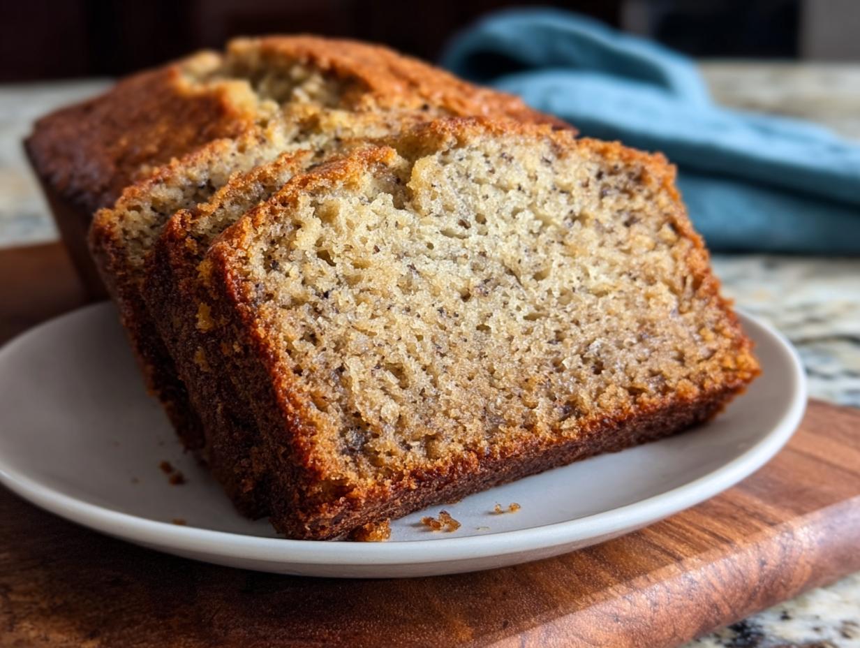 Close-up of moist, sliced Banana Bread in 20 Minutes, showcasing its tender crumb and golden-brown crust.
