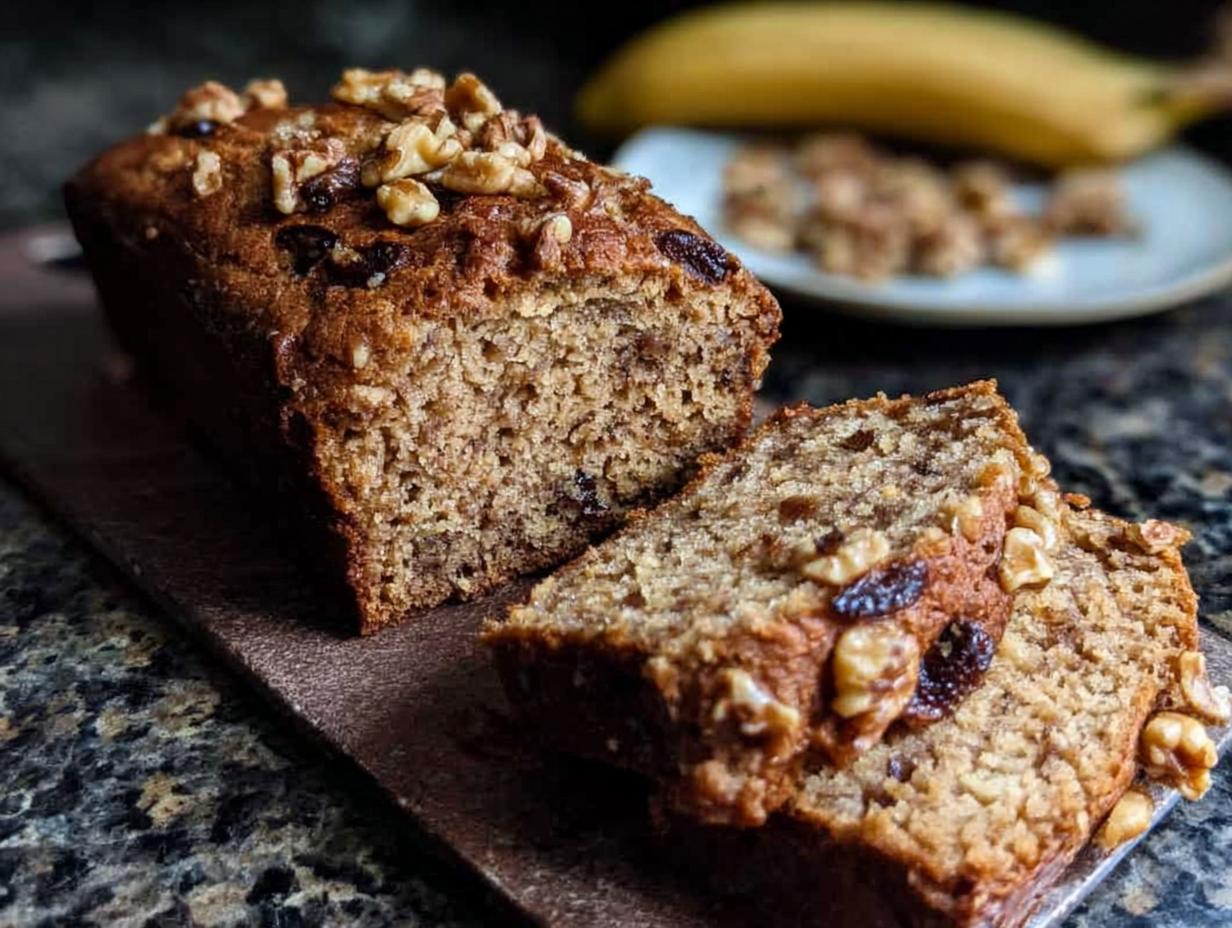 A close-up of a sliced Banana Bread loaf topped with walnuts, perfect for busy weeknights.