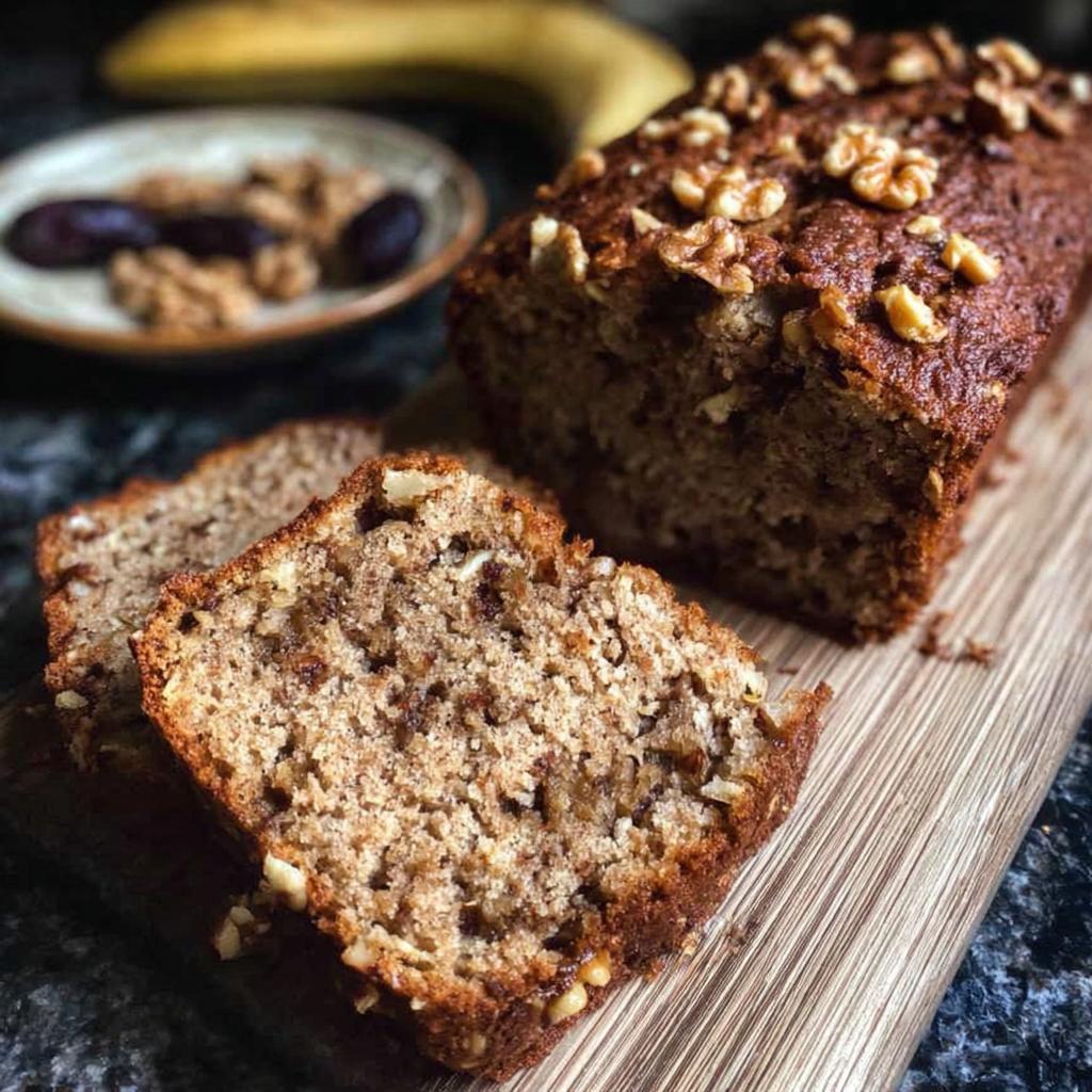 Close-up of a sliced banana bread loaf topped with walnuts, perfect for busy weeknights.