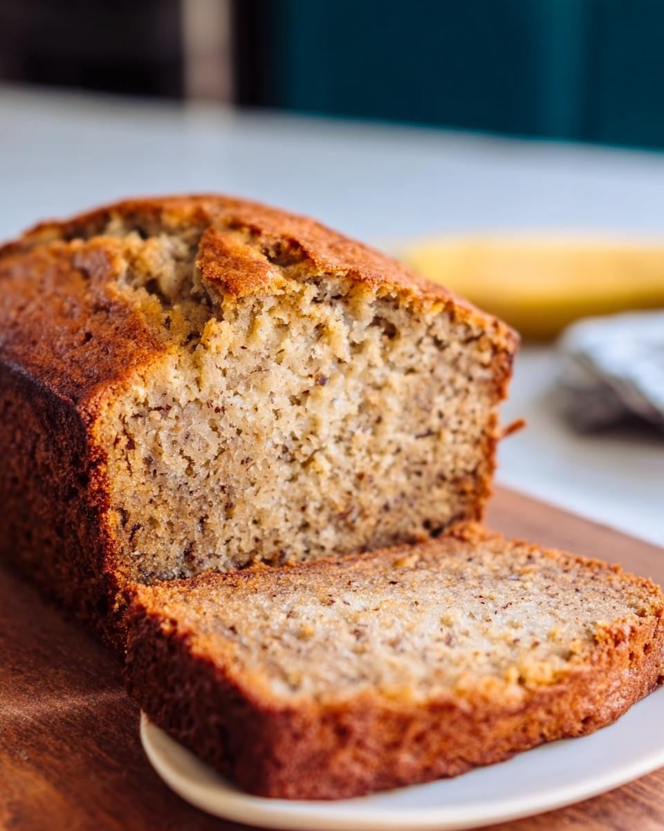 A close-up shot of a slice of moist Banana Bread in 20 Minutes, with visible banana specks.
