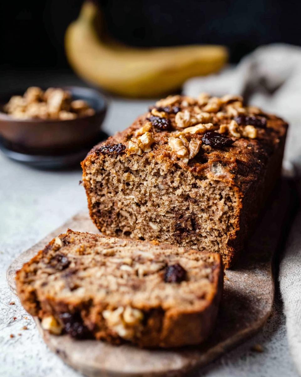 A slice of simple banana bread with walnuts and raisins, perfect for busy weeknights.