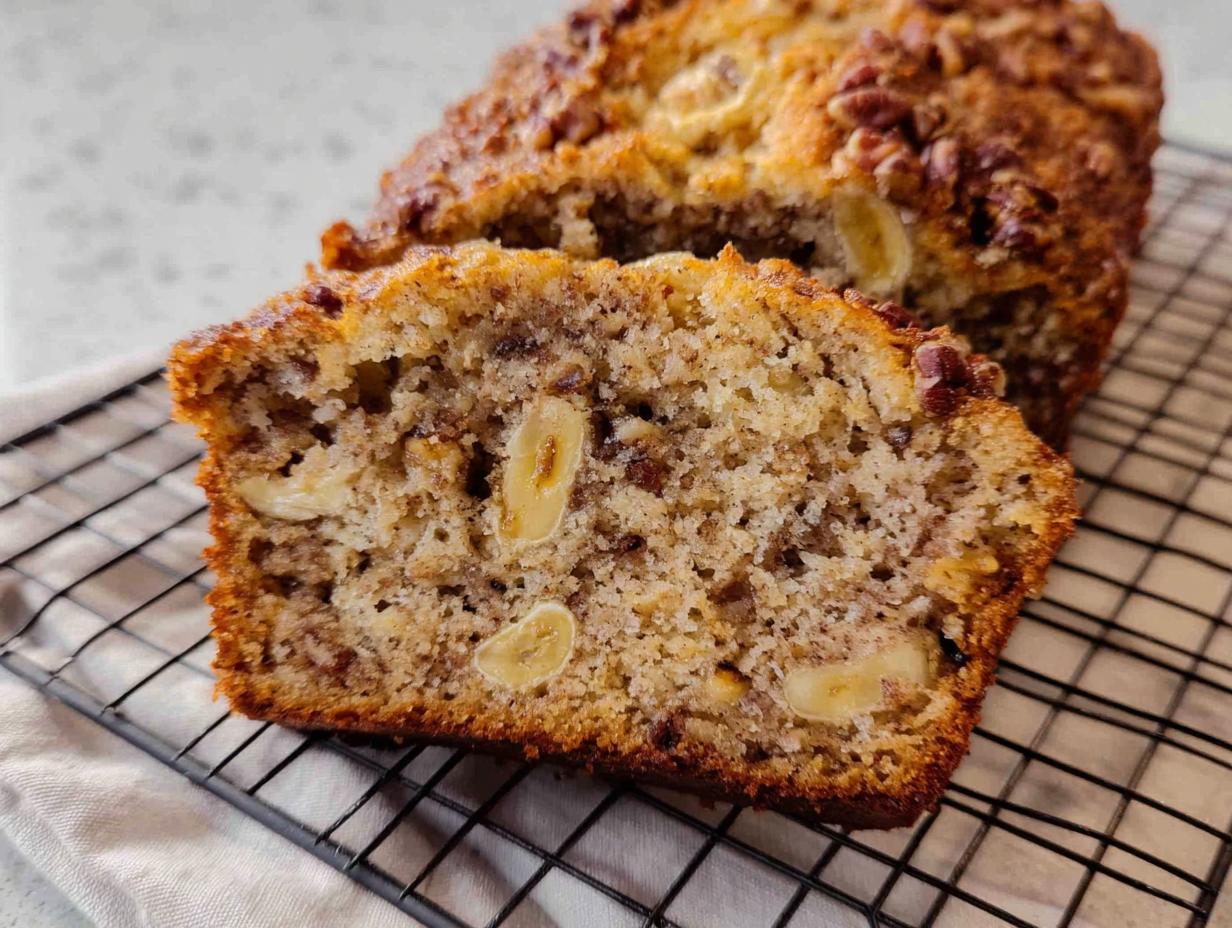 Cross-section view of moist Banana Bread Minis showing chunks of banana and nuts, resting on a cooling rack.