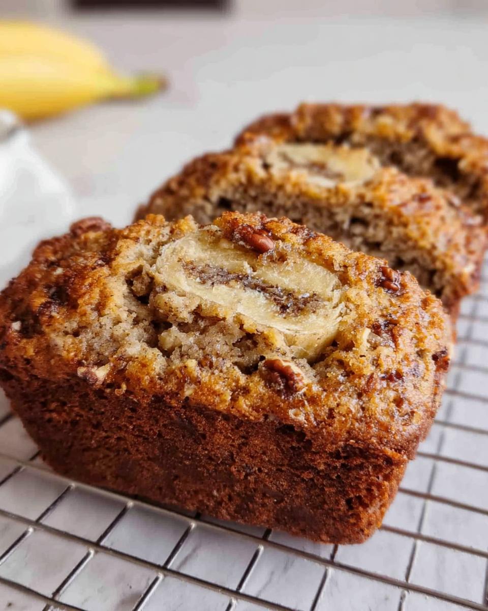 Close-up of freshly baked Banana Bread Minis with a banana slice topping, cooling on a wire rack.