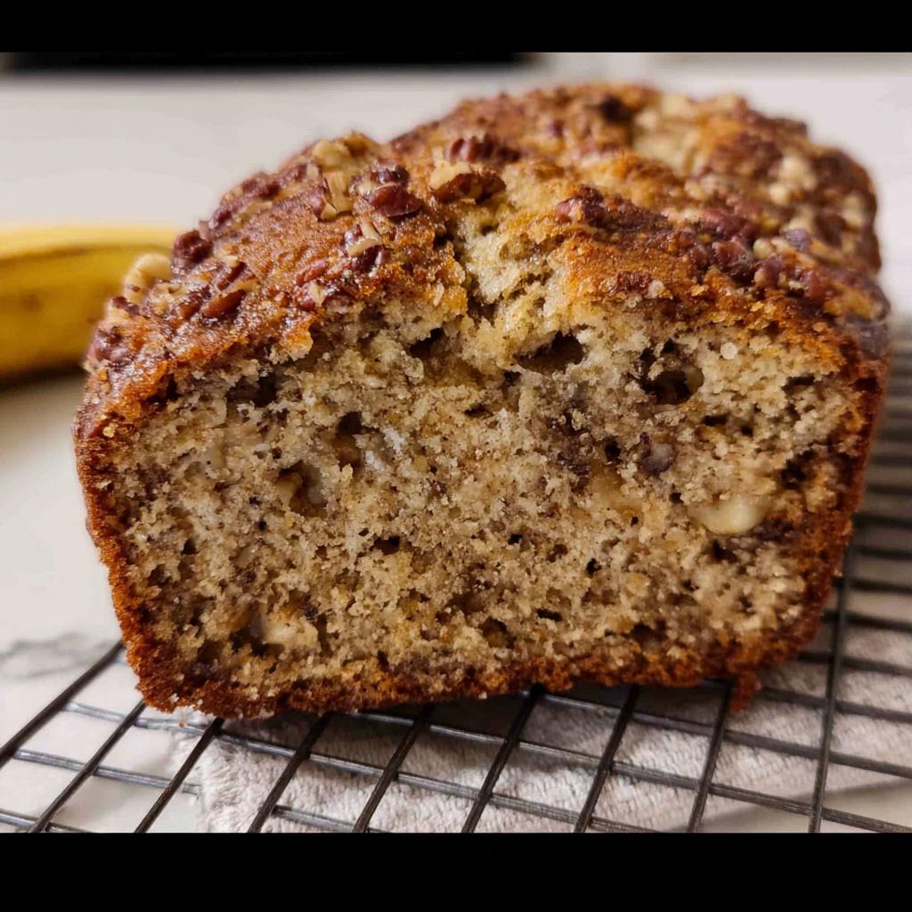 Close-up of a freshly baked Banana Bread Minis loaf showing a moist crumb texture and pecan topping.