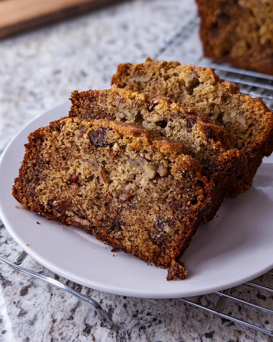 Close-up of three moist slices of Banana Bread Recipe Everyone Asks For, revealing walnuts and chocolate chips.
