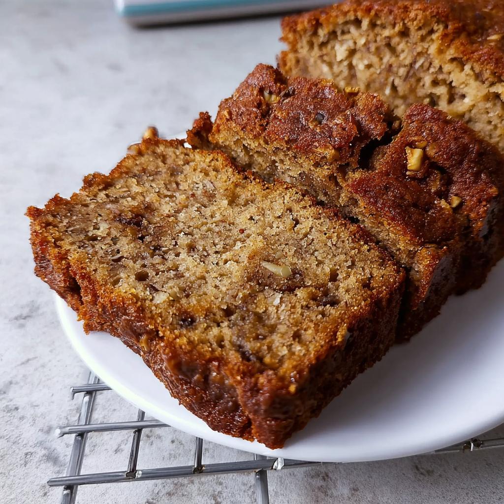 Close-up of moist banana bread recipe slices with visible nuts and a golden-brown crust.