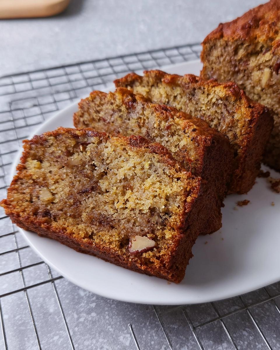 Close-up of moist banana bread recipe slices with visible nuts on a white plate.