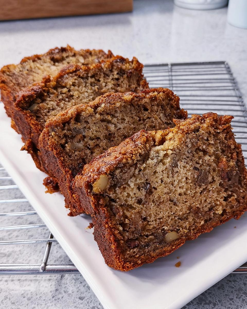 Close-up of moist banana bread recipe slices on a white plate, showing nuts and a golden-brown crust.