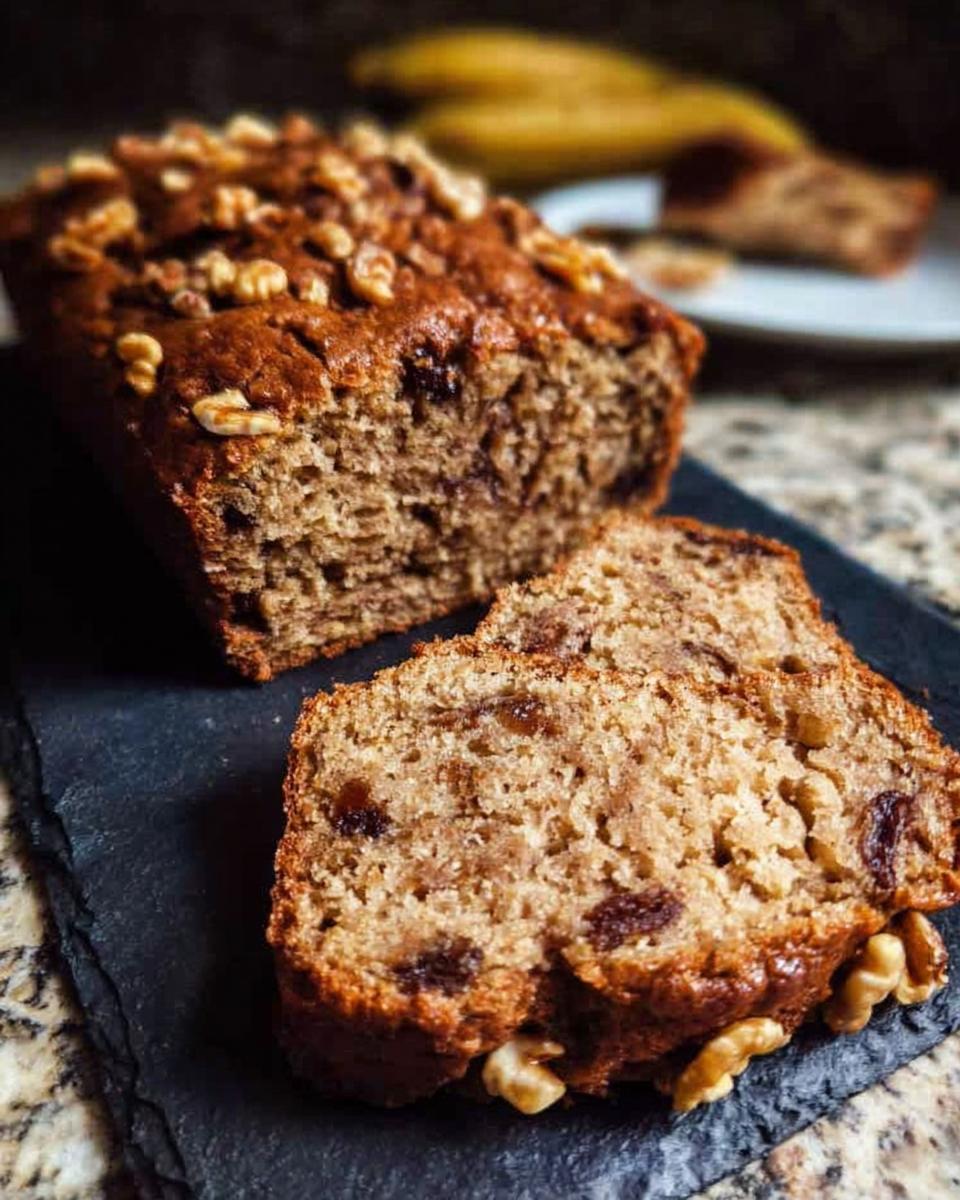 Close-up of moist banana bread with walnuts and raisins, sliced on a dark slate.