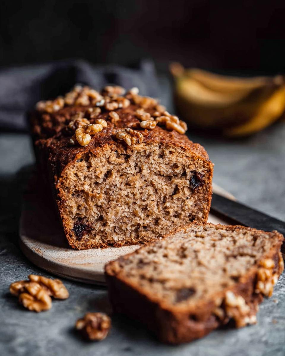 A slice of moist banana bread topped with walnuts, perfect for busy weeknights.