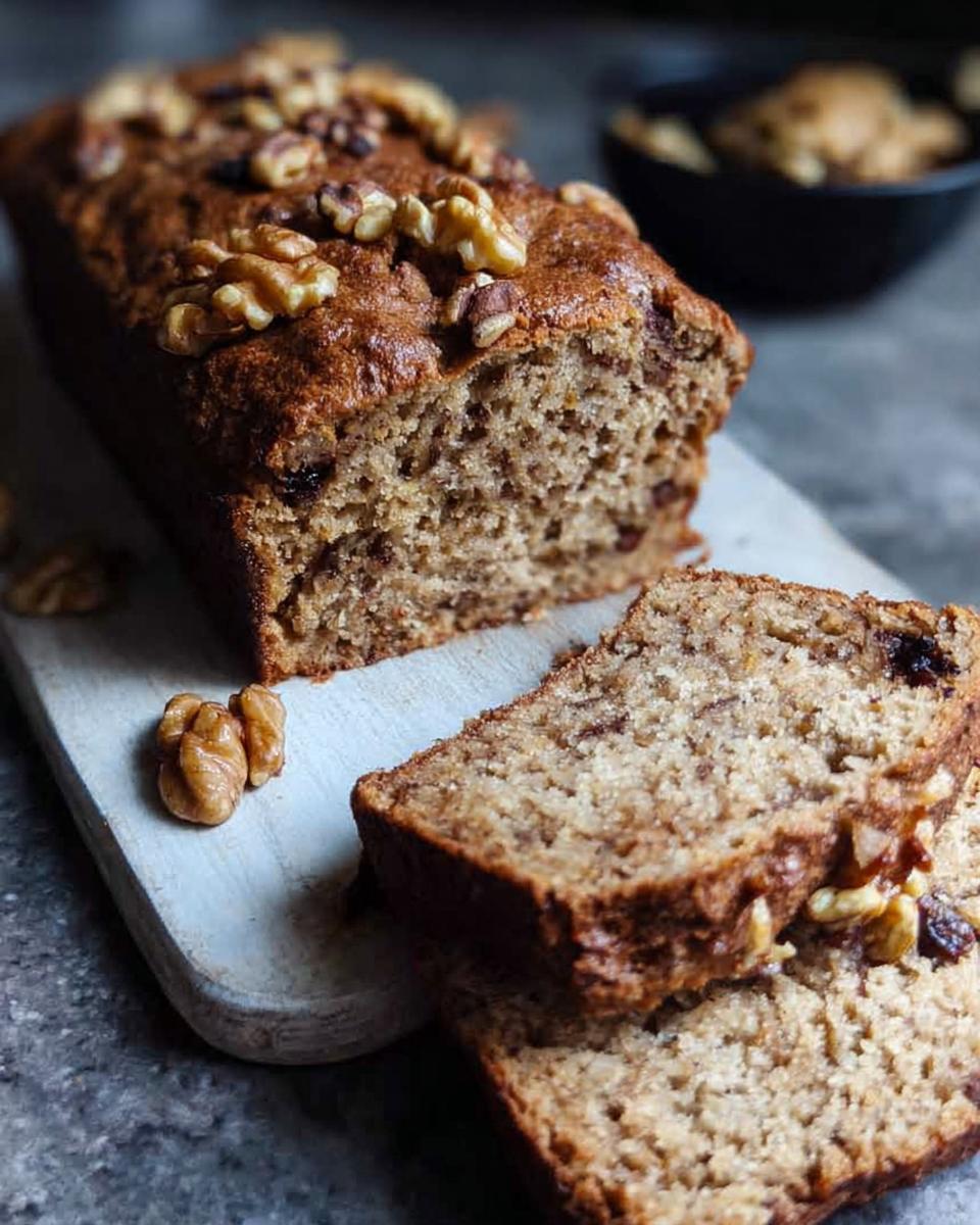Close-up of a loaf of moist banana bread topped with walnuts, with two slices cut.