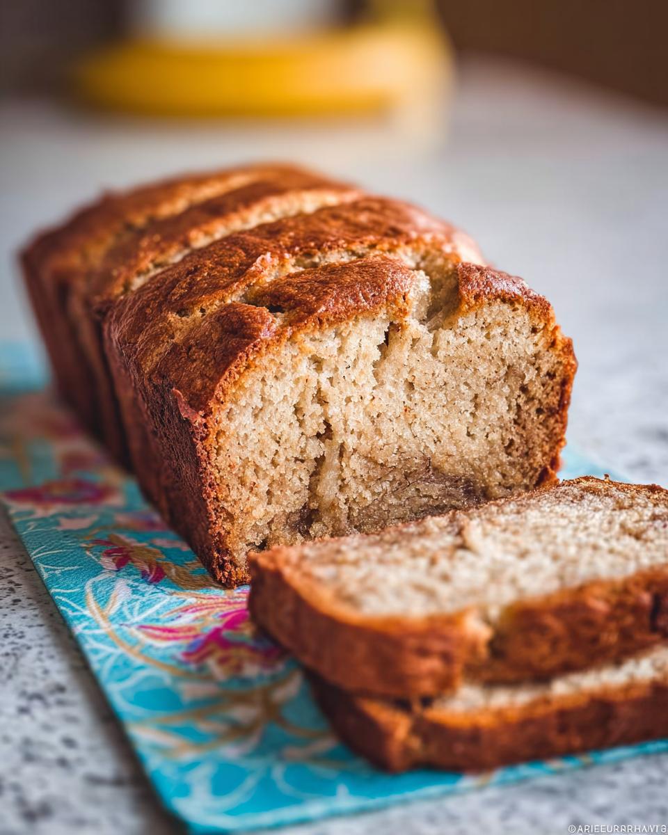 A golden-brown loaf of Banana Bread with Sour Cream, partially sliced on a colorful blue napkin.