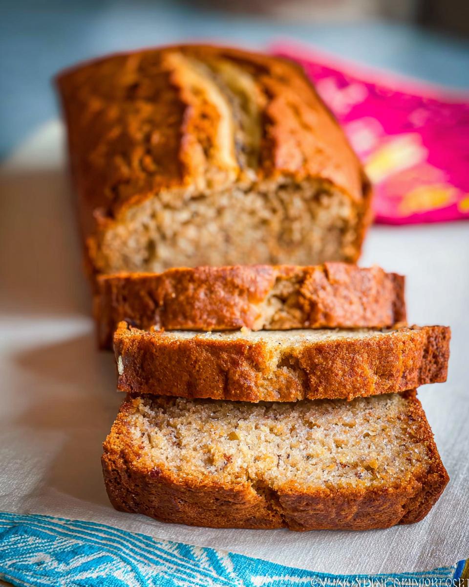 Three thick slices of moist Banana Bread with Sour Cream stacked in front of the whole loaf.