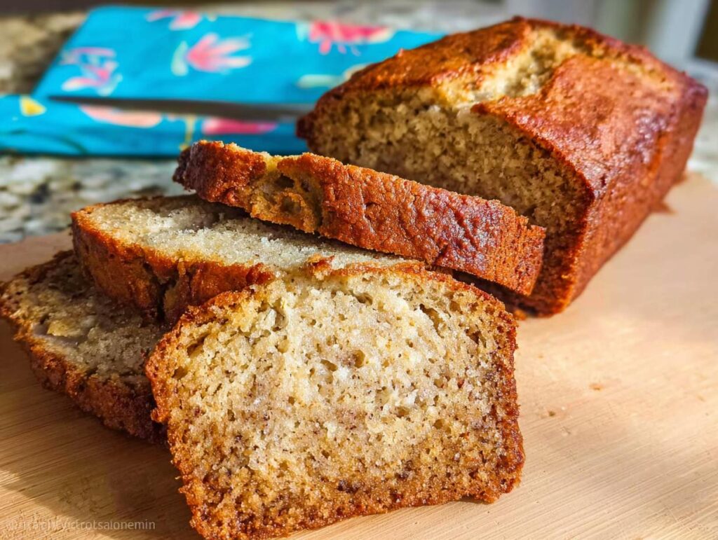 Slices of moist Banana Bread with Sour Cream displayed next to the rest of the loaf on a wooden cutting board.