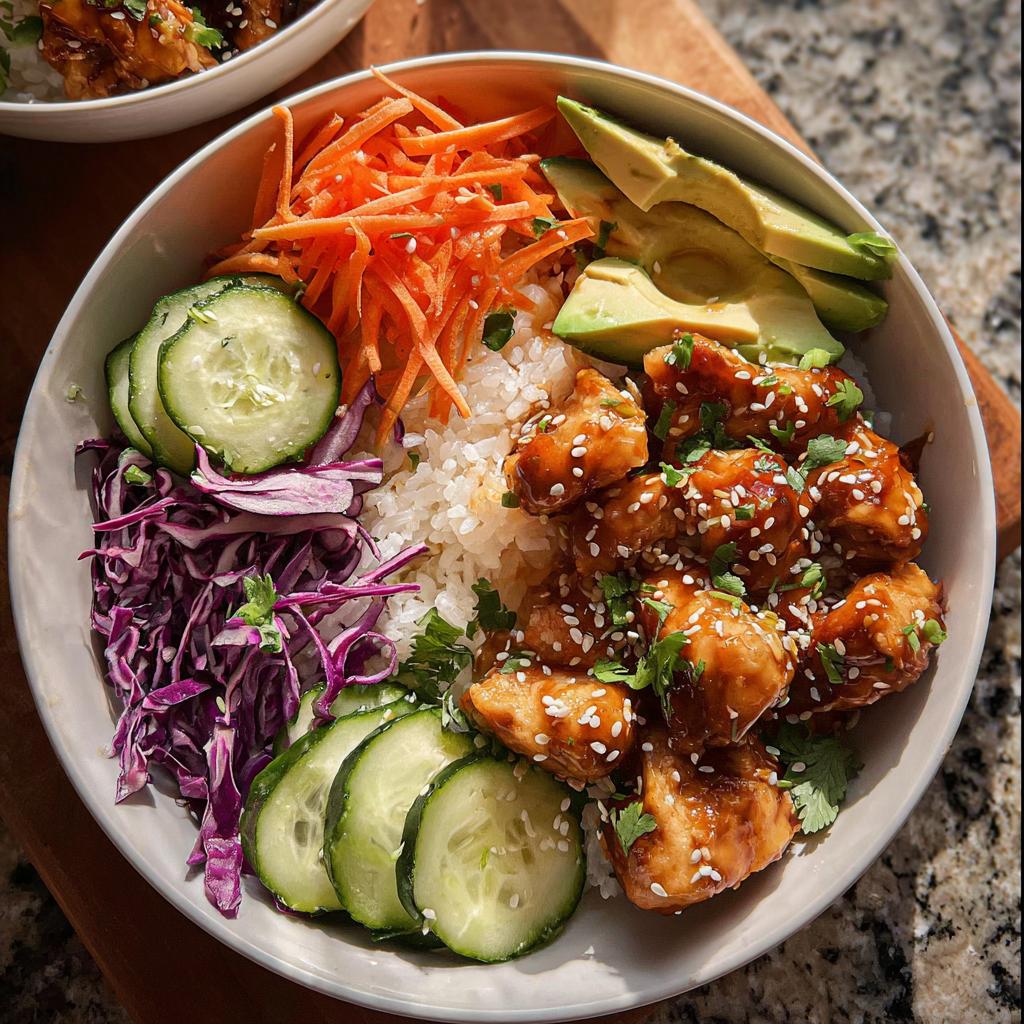 A vibrant Bang Bang Chicken Bowl featuring glazed chicken pieces over rice, topped with sesame seeds, avocado, carrots, cucumber, and red cabbage.