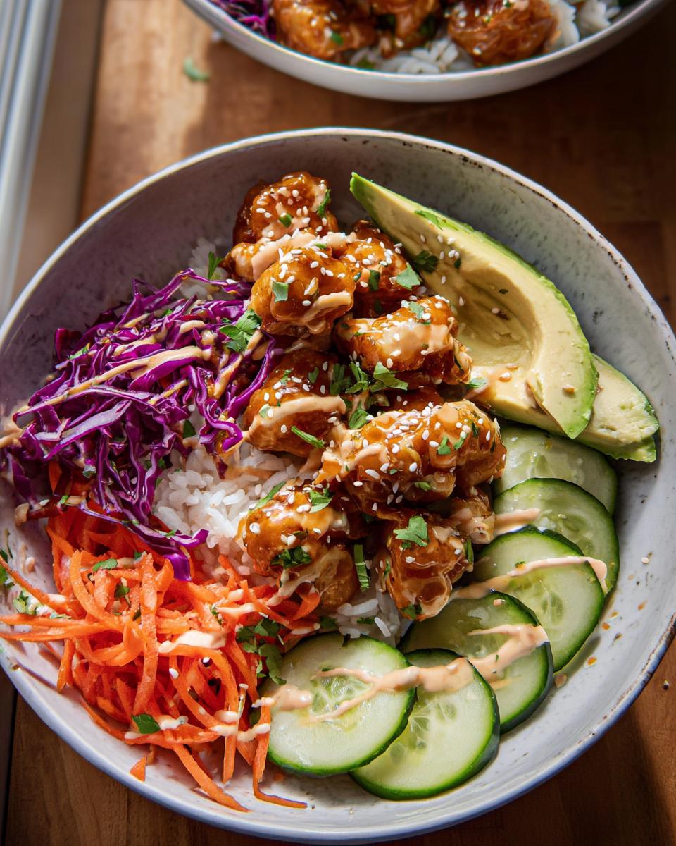 A vibrant Bang Bang Chicken Bowl featuring saucy chicken over rice, topped with shredded carrots, purple cabbage, cucumber, and avocado.