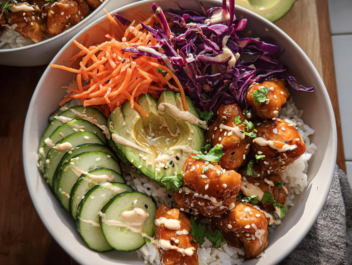 A close-up of a colorful Bang Bang Chicken Bowl featuring crispy chicken, rice, sliced avocado, cucumber, carrots, and red cabbage.