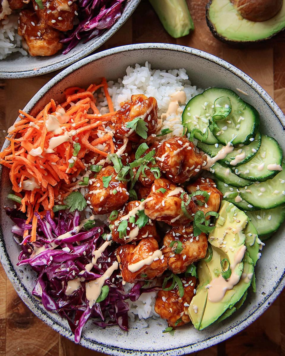 Overhead view of a delicious Bang Bang Chicken Bowl featuring crispy chicken, rice, shredded carrots, red cabbage, cucumber, and avocado.
