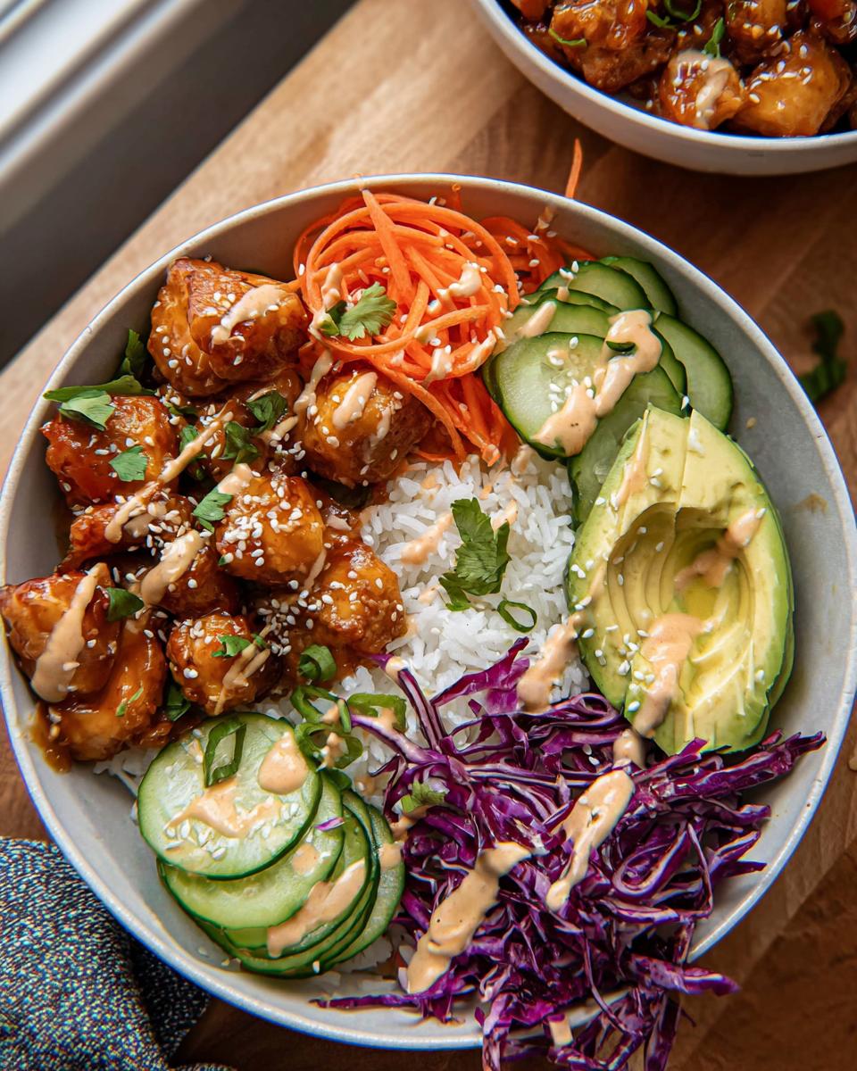 A vibrant Bang Bang Chicken Bowl featuring saucy chicken, white rice, avocado, shredded carrots, cucumber, and red cabbage.