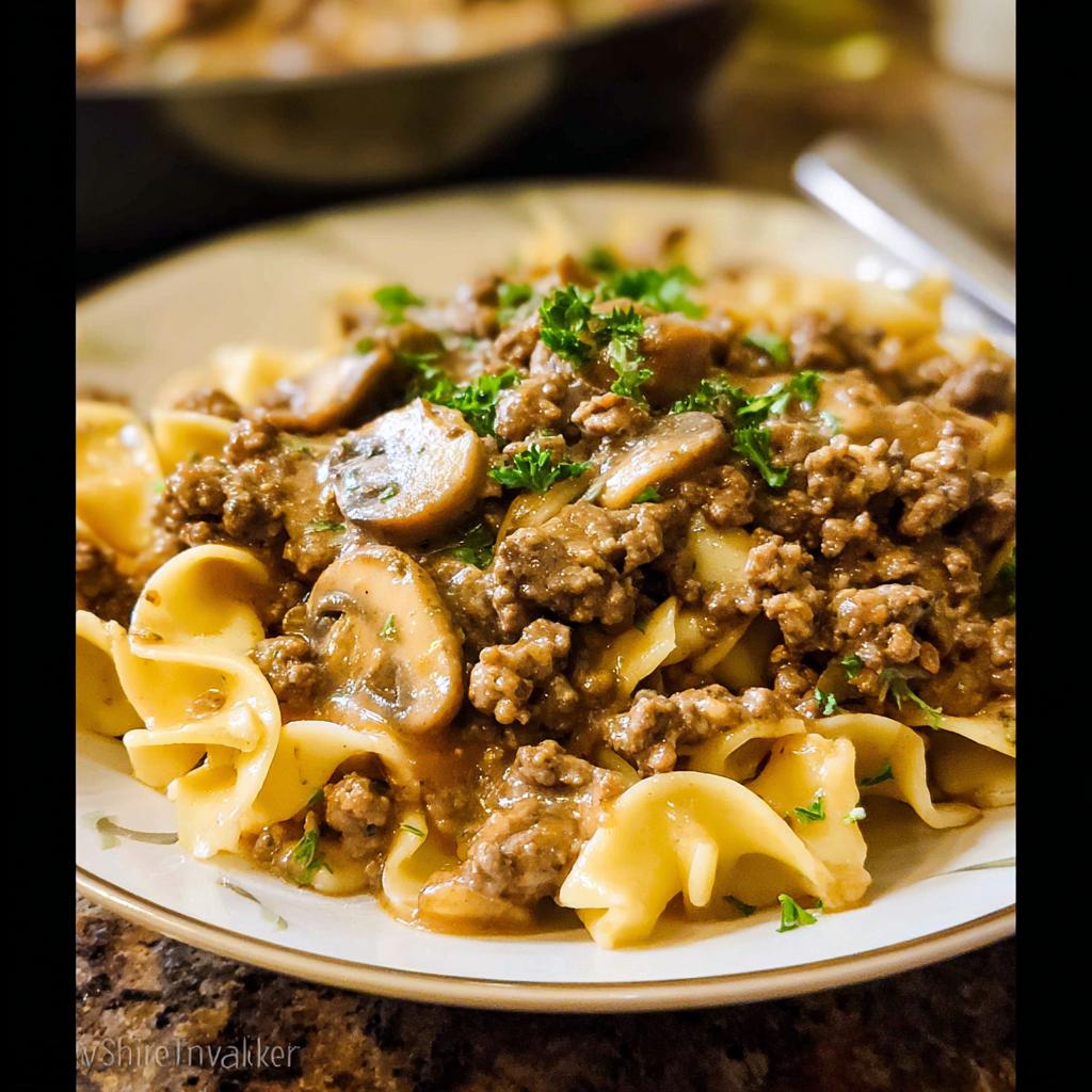 A plate featuring egg noodles topped with ground beef, mushrooms, and a creamy brown sauce, not the Beef Enchilada Casserole.