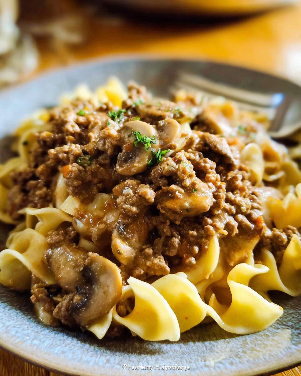 Close-up of a creamy ground beef and mushroom sauce served over wide egg noodles, not Beef Enchilada Casserole.