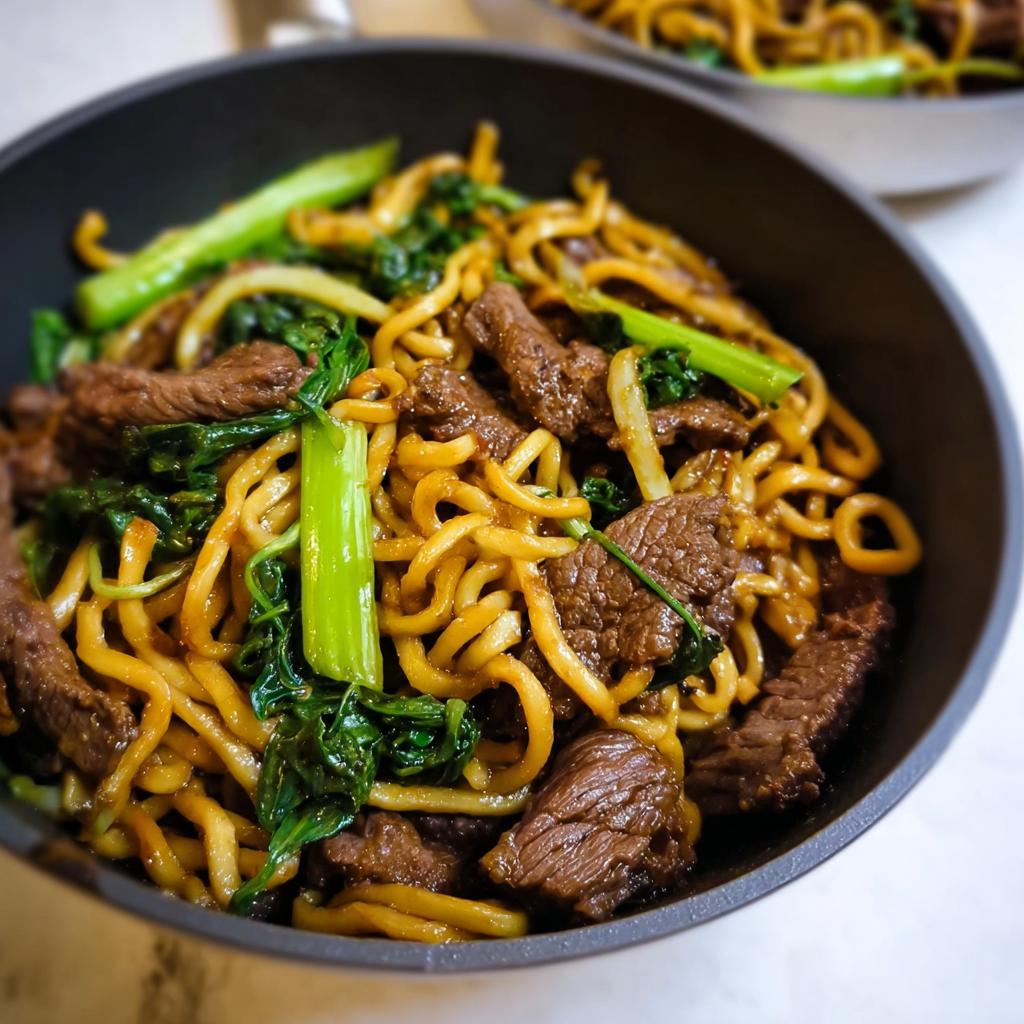 Close-up of a one-pan dinner with beef, noodles, and green vegetables in a dark bowl.