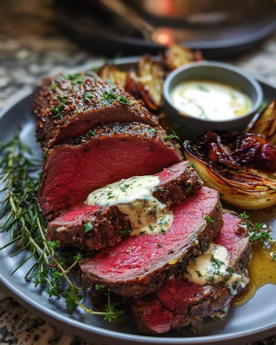 Perfectly cooked Beef Tenderloin Roast, sliced medium-rare, topped with melting garlic herb butter.