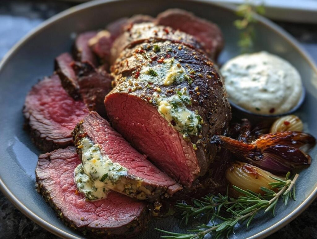 Slices of medium-rare Beef Tenderloin Roast topped with melting garlic herb butter, served with roasted onions.