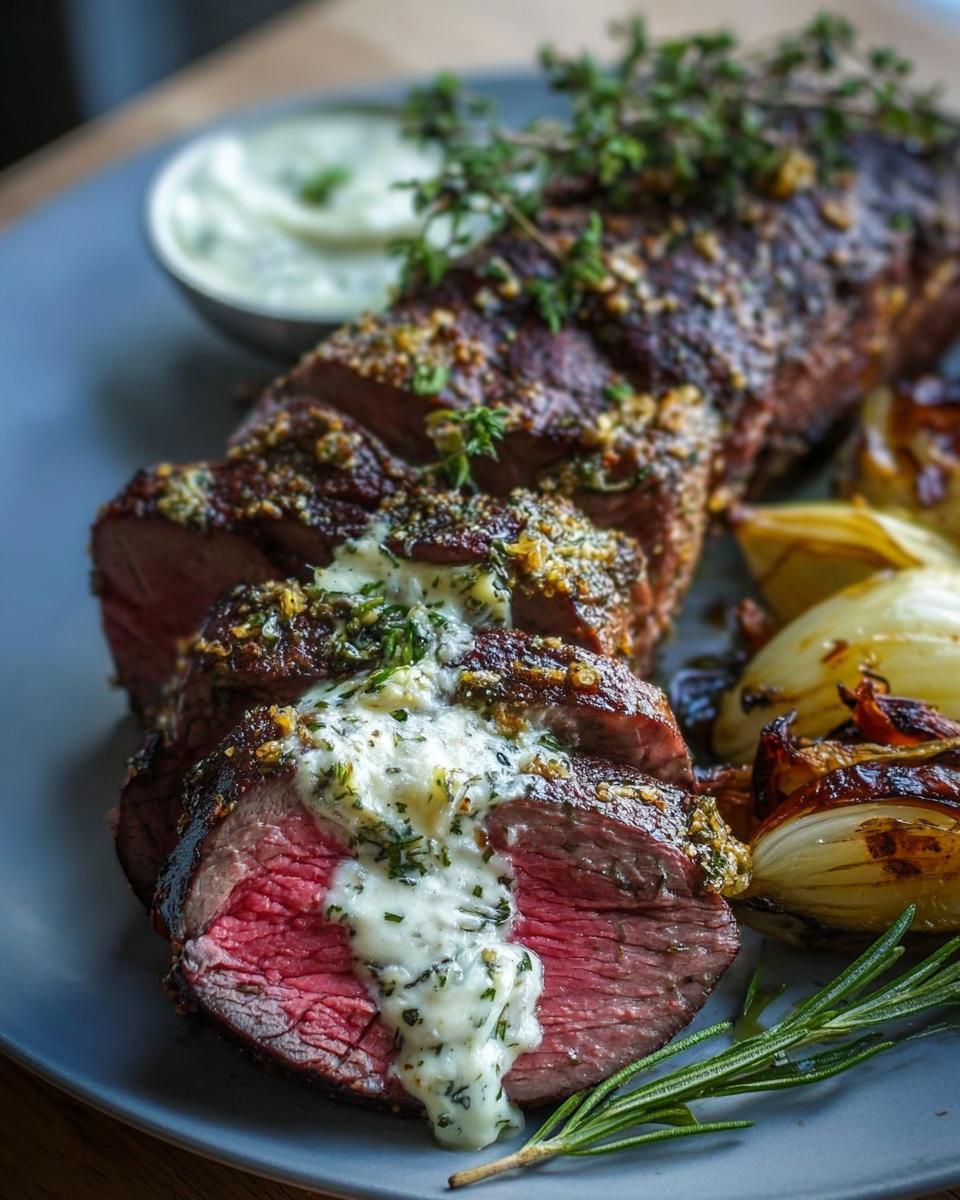 Close-up of sliced Beef Tenderloin Roast with Garlic Herb Butter melting over the medium-rare center.