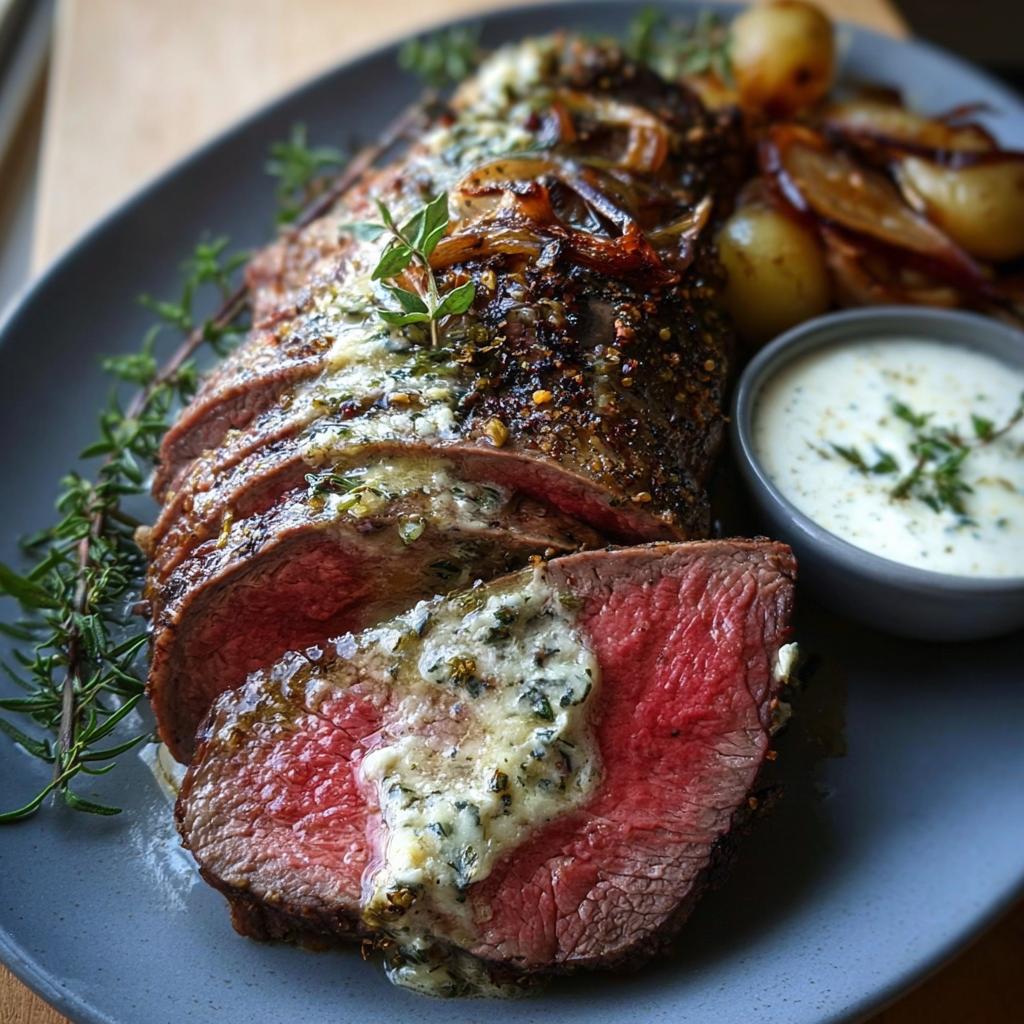 A perfectly cooked Beef Tenderloin Roast with Garlic Herb Butter, sliced to show medium-rare center and melting herb butter.