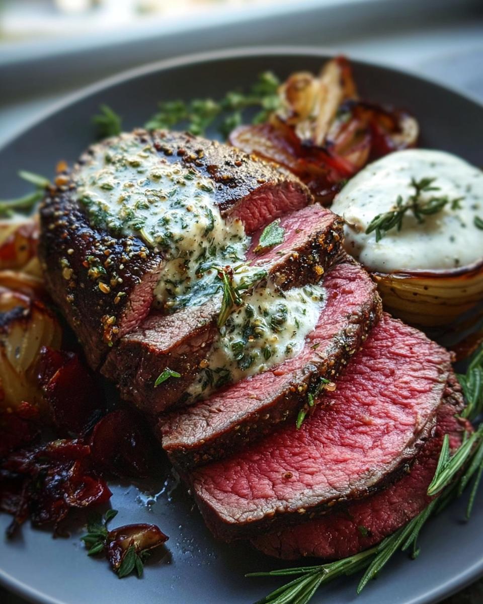 Perfectly cooked Beef Tenderloin Roast with Garlic Herb Butter, sliced to show medium-rare center and topped with melting herb butter.