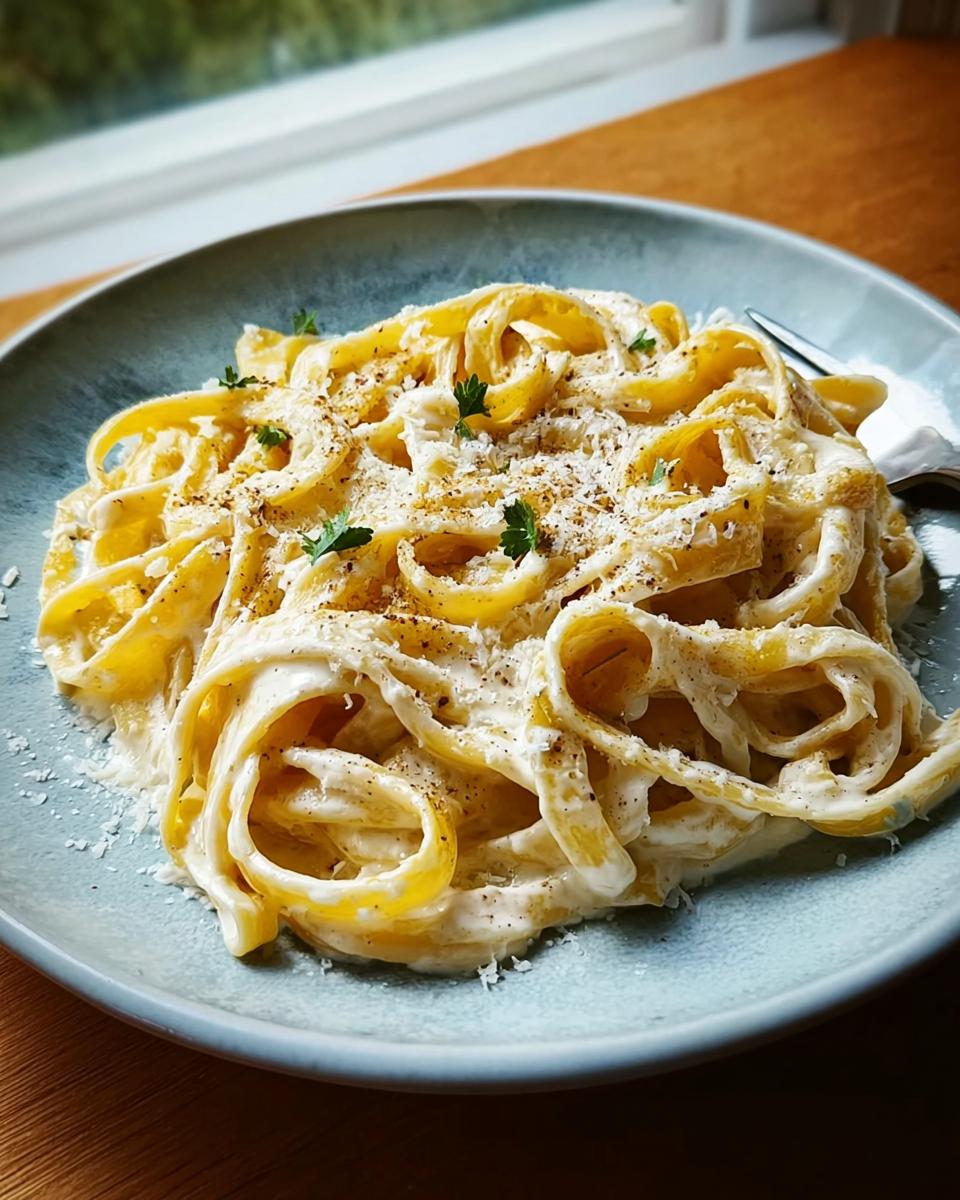 Close-up of fettuccine pasta coated in creamy sauce, topped with grated cheese and pepper for the Best Alfredo Sauce Recipe Ever.