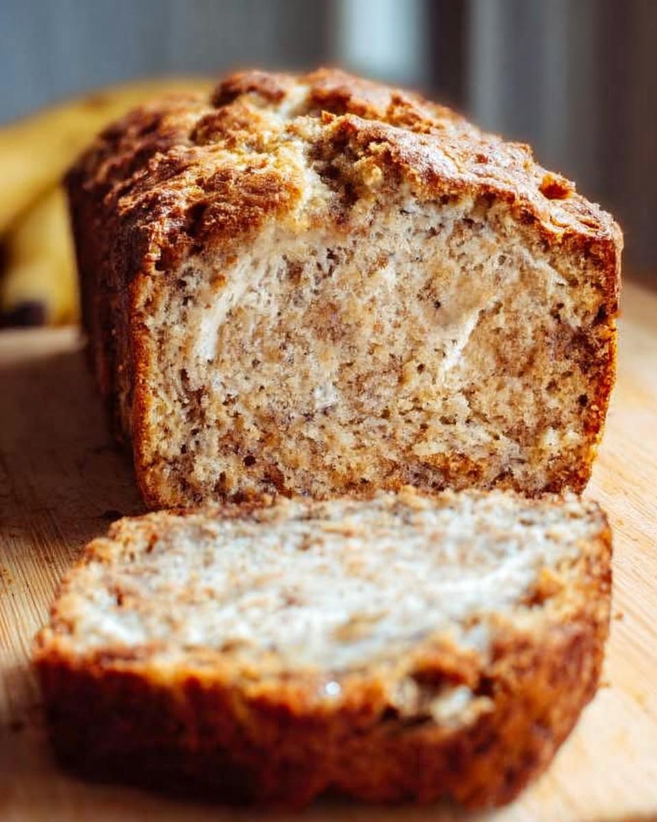 A close-up of the Best Banana Bread 2025, showcasing its crispy golden-brown crust and moist, tender crumb with visible banana pieces.