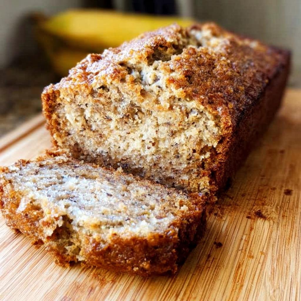 A close-up of the Best Banana Bread 2025, showing a slice with a crispy golden-brown crust and a moist, tender interior.